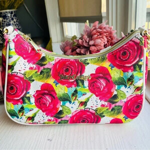Betsey Johnson Floral Crescent Shoulder Bag Rose Print Zippered Purse